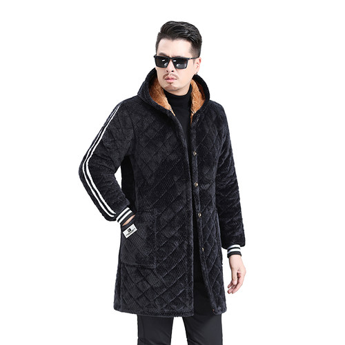 新款法兰绒男款棉衣加绒加厚工作服D大褂宽松大尺码罩衣冬季长版