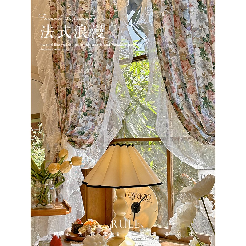 美式碎花棉布窗帘法式复古玫瑰庄园E洛可可蕾丝半帘英式透光不透