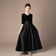 黑色女孩钢琴小提琴丝绒长袖w演出服主持人女童礼服管弦乐团大合