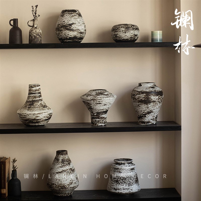 侘寂风手工复古小陶罐新中式家居民宿F酒店样板间摆件粗陶插干燥