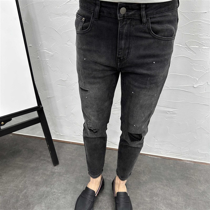 破洞贴布水洗做旧黑灰p甩漆弹力修身小脚九分牛仔裤男春夏潮流休