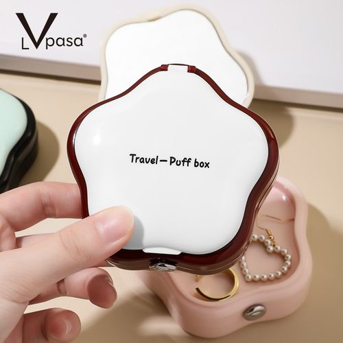 粉扑盒收纳定妆散粉盒镜子旅行便携空H盒子补妆镜防尘透气翻盖便
