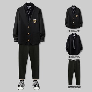日系宽松马甲衬衫男长袖学院风w套装JK/DK制服男全套帅气三件套男