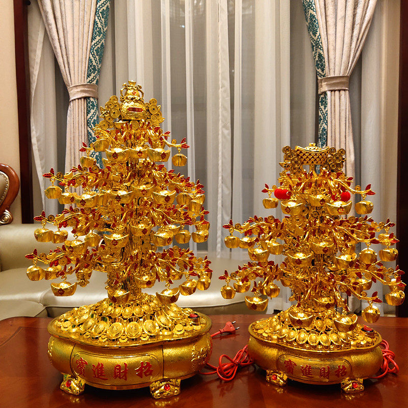 新款聚宝盆摇钱树带音乐旋转元宝摆件LED发财树S乔迁开业春节礼品