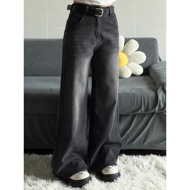 300斤胖mm大码加绒直筒牛仔裤女秋冬复古黑灰R色裤子保暖阔腿女裤