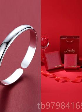 正品纯银手镯999镯子女开口简约光贵面饰品七夕妃礼妈物送女友妈