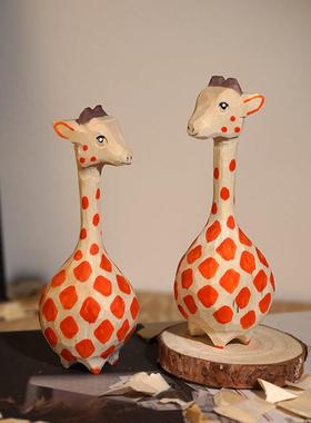 长颈鹿手工木雕小摆件办公室电脑桌面装饰手作艺品可爱卡通好物