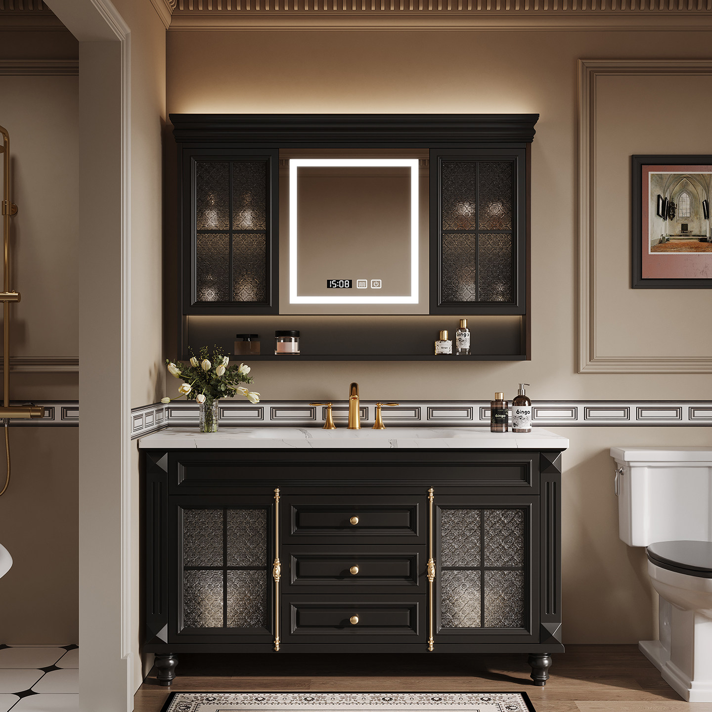 大尺寸双盆橡木法式落地复古浴室柜组合卫生间洗漱台洗手盆柜定制