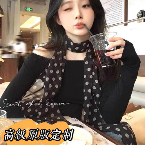 误当了韩剧女主!多用式复古波点长条丝巾女海边度假系脖领巾发带