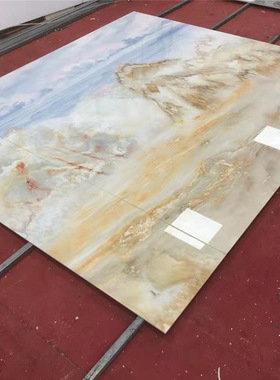 1200x2400悬空黄色山水纹岩板电视背景现代简约客厅大理石影视墙