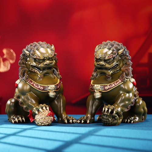 彩铜宫门狮摆件吉祥故宫狮子一对家居客厅玄关办公室桌面装饰品