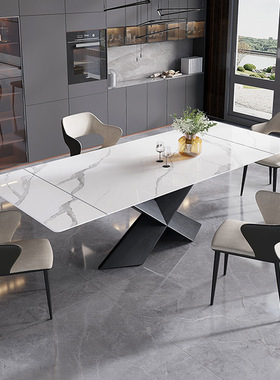 现代简约长方形亮光岩板餐桌椅组合可伸缩抽拉延伸家用饭桌设计师