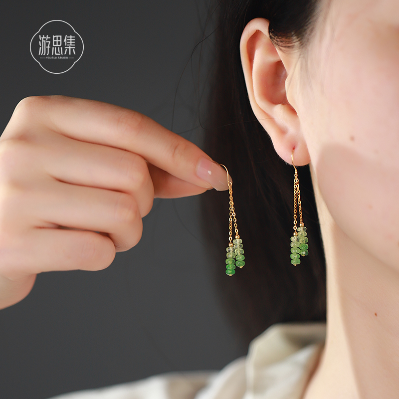 游思集高阶彩宝高品级沙弗莱石耳环女新中式轻奢18k黄金流苏耳坠