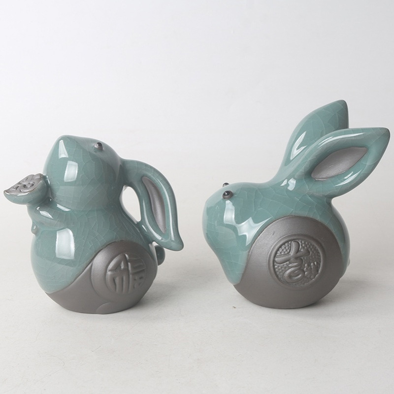 创意陶瓷哥窑十二生肖兔年小动物摆件可爱小兔子茶台茶道茶宠装饰