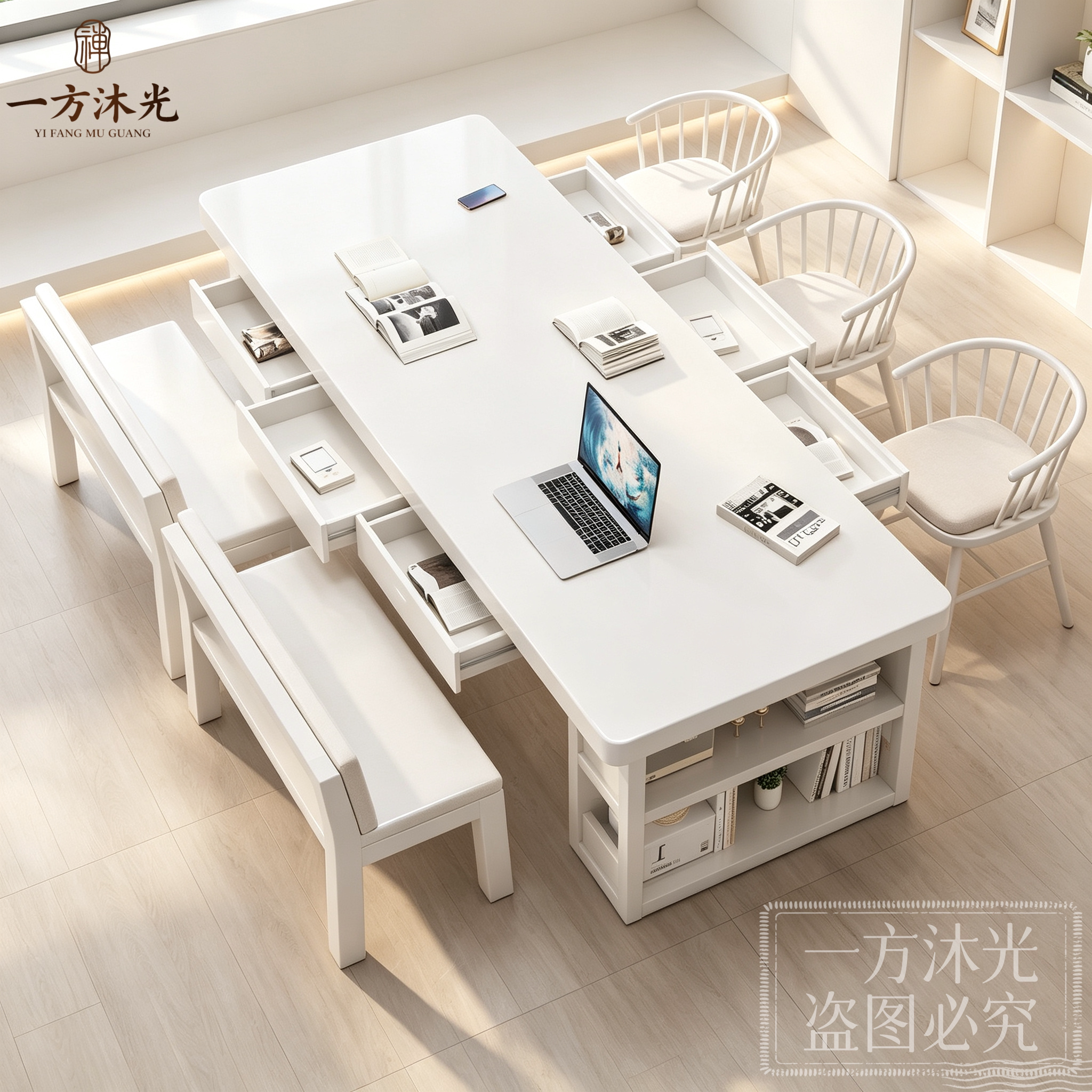 奶油风多功能储物实木白书桌带侧边抽屉书架家用多人办公桌椅套装