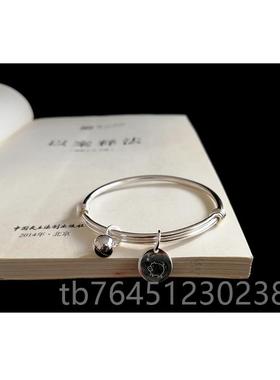 高档秋叶夏花纯银手女999足镯银实子推拉简约铃铛细心镯定制刻字