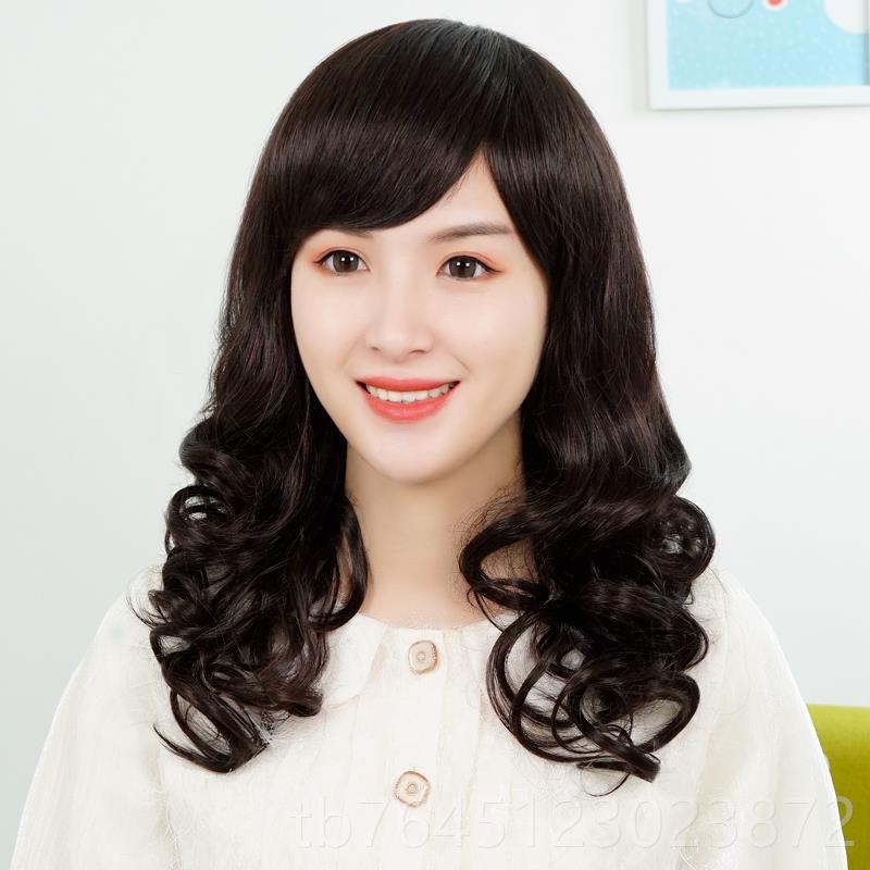 高档发女长发全黑自然逼真中老年妈妈中长假卷发斜刘海色光头假发