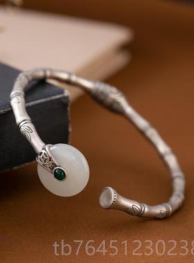 高档竹节白玉平扣镀银手百镯活扣搭复古安简约泰银工艺送妈妈银饰