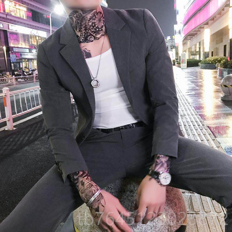 高档春款商务色西服套装型男小西装两套纯版修身男士刺绣韩便服礼