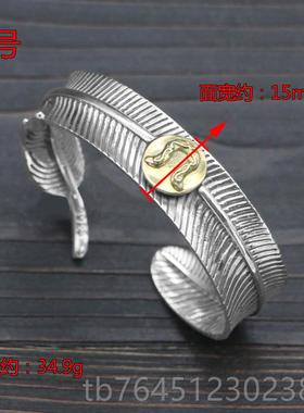 高档S925银纯开口羽毛牌手工复手古高桥镯唐潮草手环个性简约男女