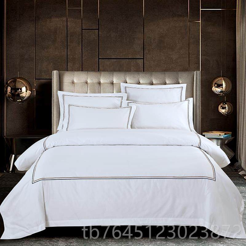 高档罗曼德框60支棉纯白贡缎绣四件套套店酒布草宾馆被床单床上用,床上用品,床品套件/四件套/多件套,淘宝优惠券,粉丝福利购,淘宝优惠卷