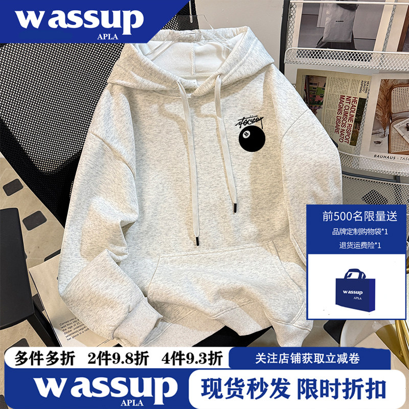 WASSUP秋冬oversize黑8台球印花连帽卫衣女休闲慵懒风情侣款上衣