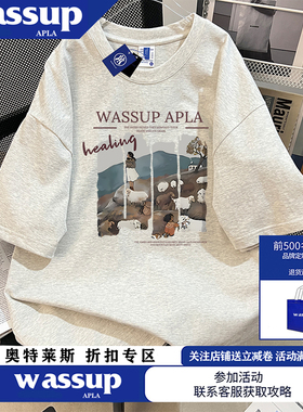 WASSUP美式白灰色纯棉T恤牧羊少女油画印花夏季宽松休闲半袖上衣