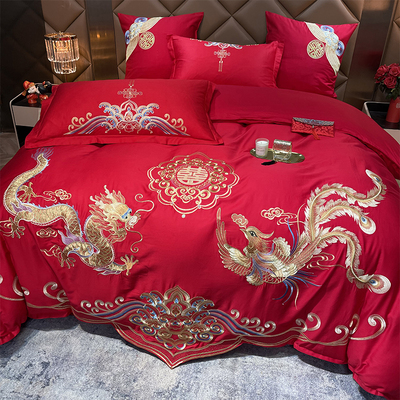 高端婚庆四件套大红纯棉龙凤喜被中式床单笠新结婚房嫁礼床上用品