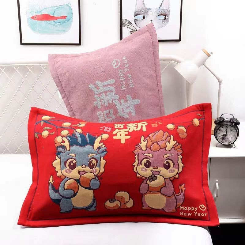 2024新款龙年大红色纯棉纱布加厚八层枕套一对装加厚枕头套枕芯套