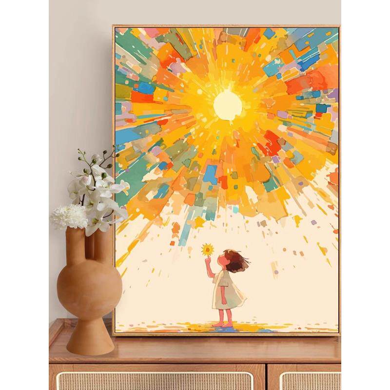 太阳女孩梵高温暖系装饰画梦幻卡通儿童房卧室书房玄关装饰画
