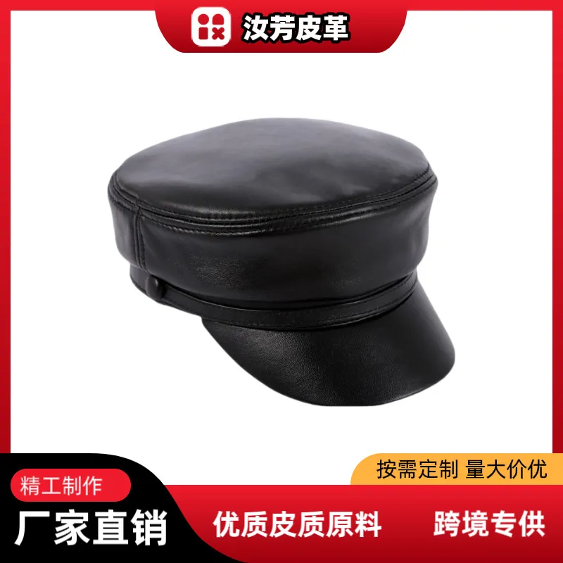 头层羊皮真皮帽子韩版潮帽男女秋冬青年海军平顶宽檐帽