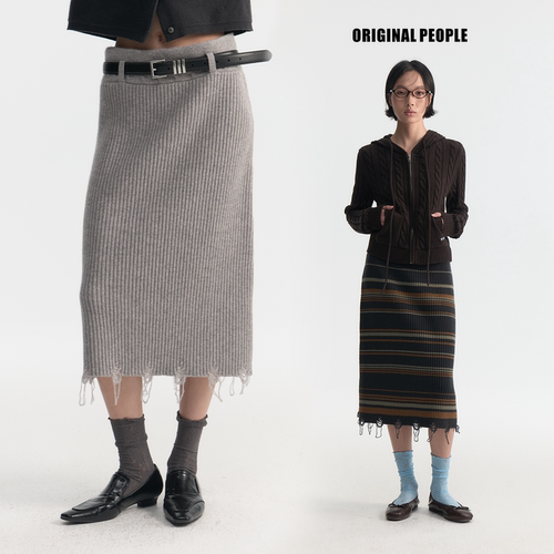ORIGINAL PEOPLE秋季美利奴全羊毛坑条流苏针织半裙