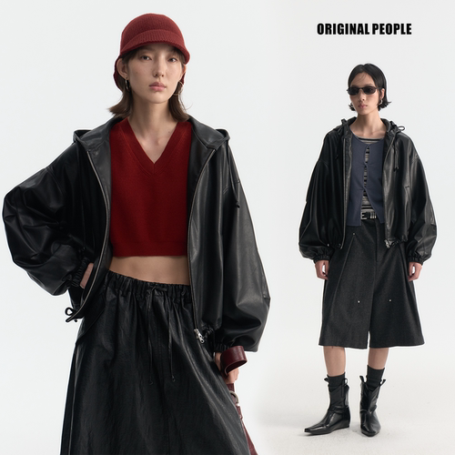 ORIGINAL PEOPLE秋季超柔蛋白皮连帽夹克