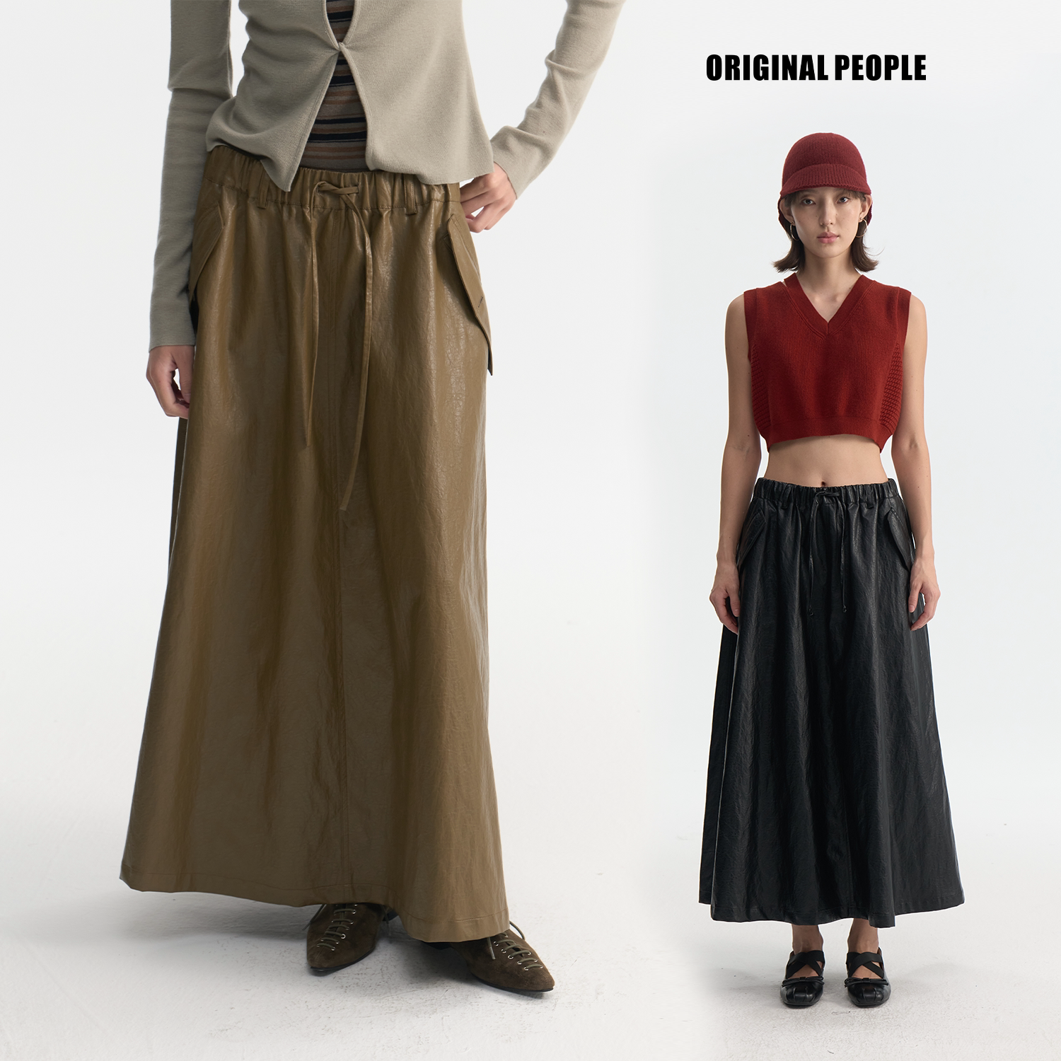 ORIGINAL PEOPLE秋季复古肌理感生态皮百搭A字伞裙图片