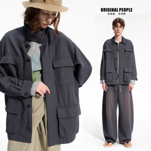 ORIGINAL PEOPLE中性复古定制缎面混纺垂感透气工装衬衫夹克