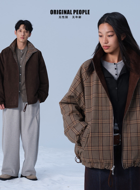 ORIGINAL PEOPLE复古格纹羽绒服男女撞色巴恩风保暖短外套