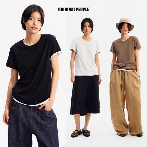 ORIGINAL PEOPLE女士夏季假两件撞色短袖T恤