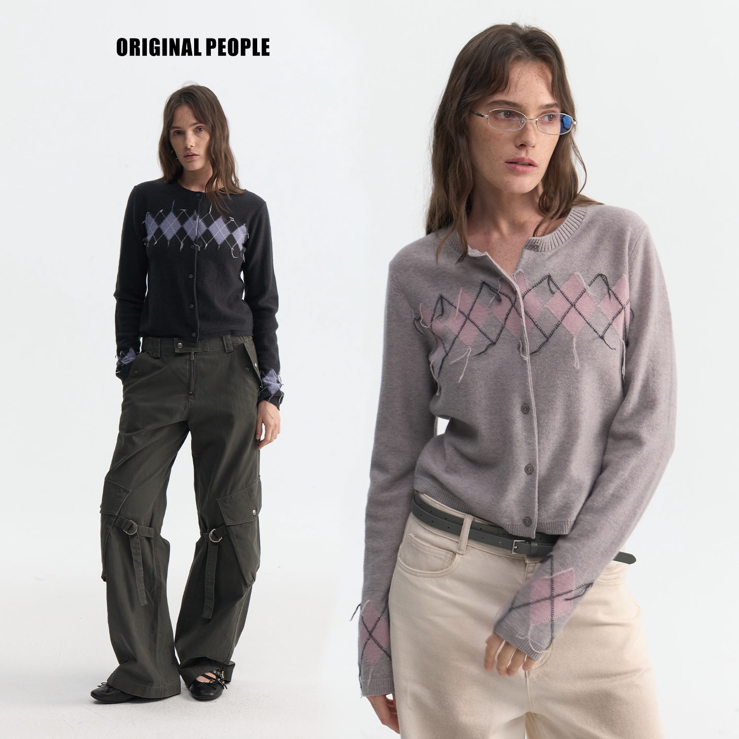 ORIGINAL PEOPLE秋季全羊毛菱形格手工流苏针织开衫短外套图片