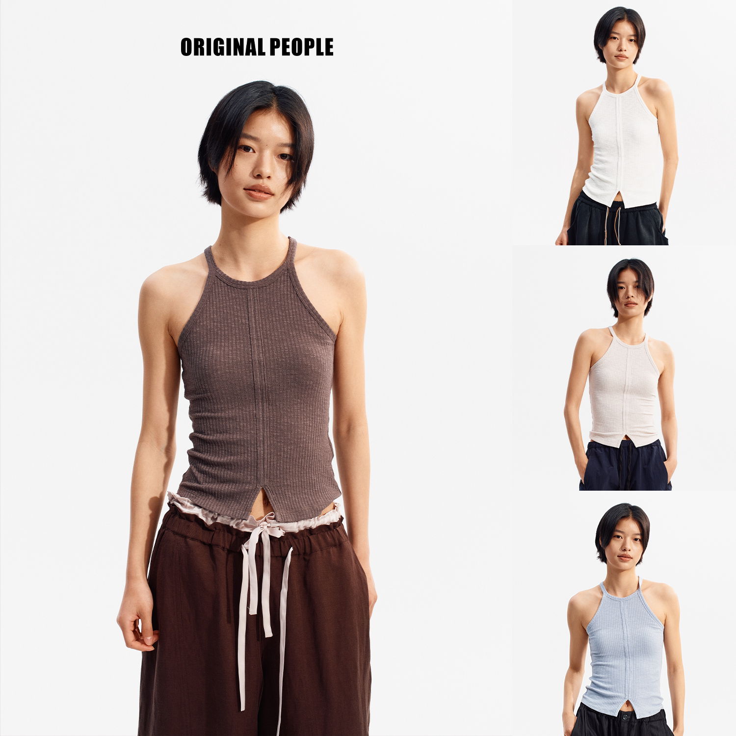 ORIGINAL PEOPLE夏复古轻氧坑条莫代尔棉女士设计感亲肤吊带背心图片