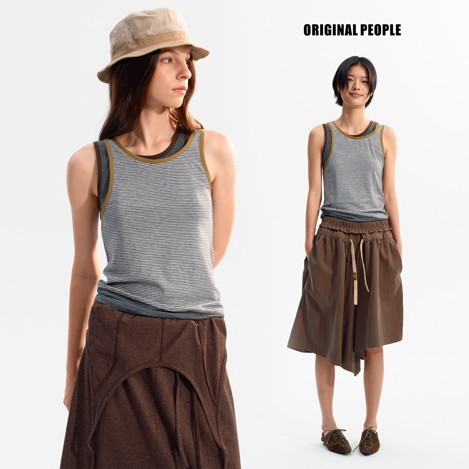 ORIGINAL PEOPLE女士夏季复古撞色条纹假两件背心图片