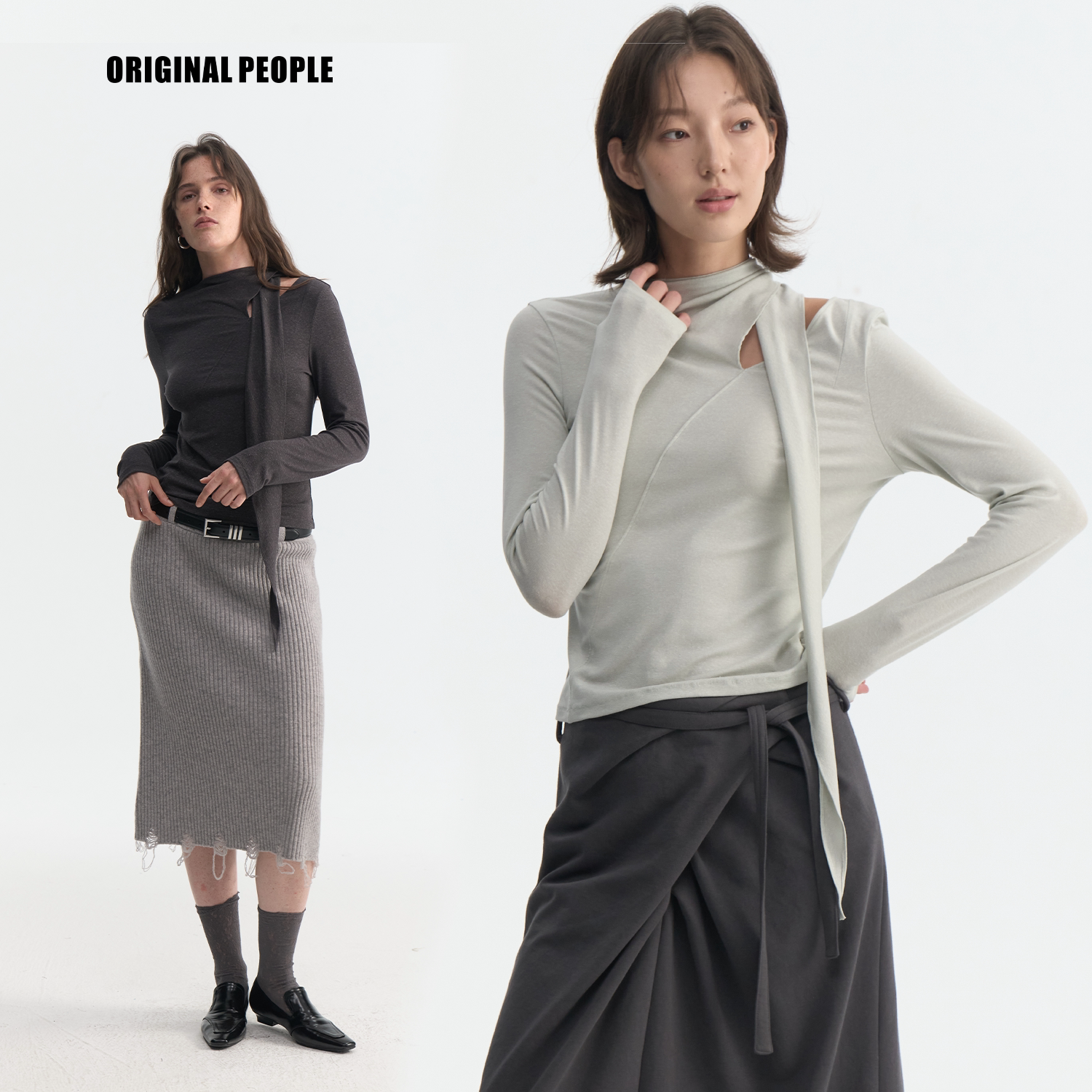 ORIGINAL PEOPLE秋季亚麻天丝混纺不规则解构系带T恤图片