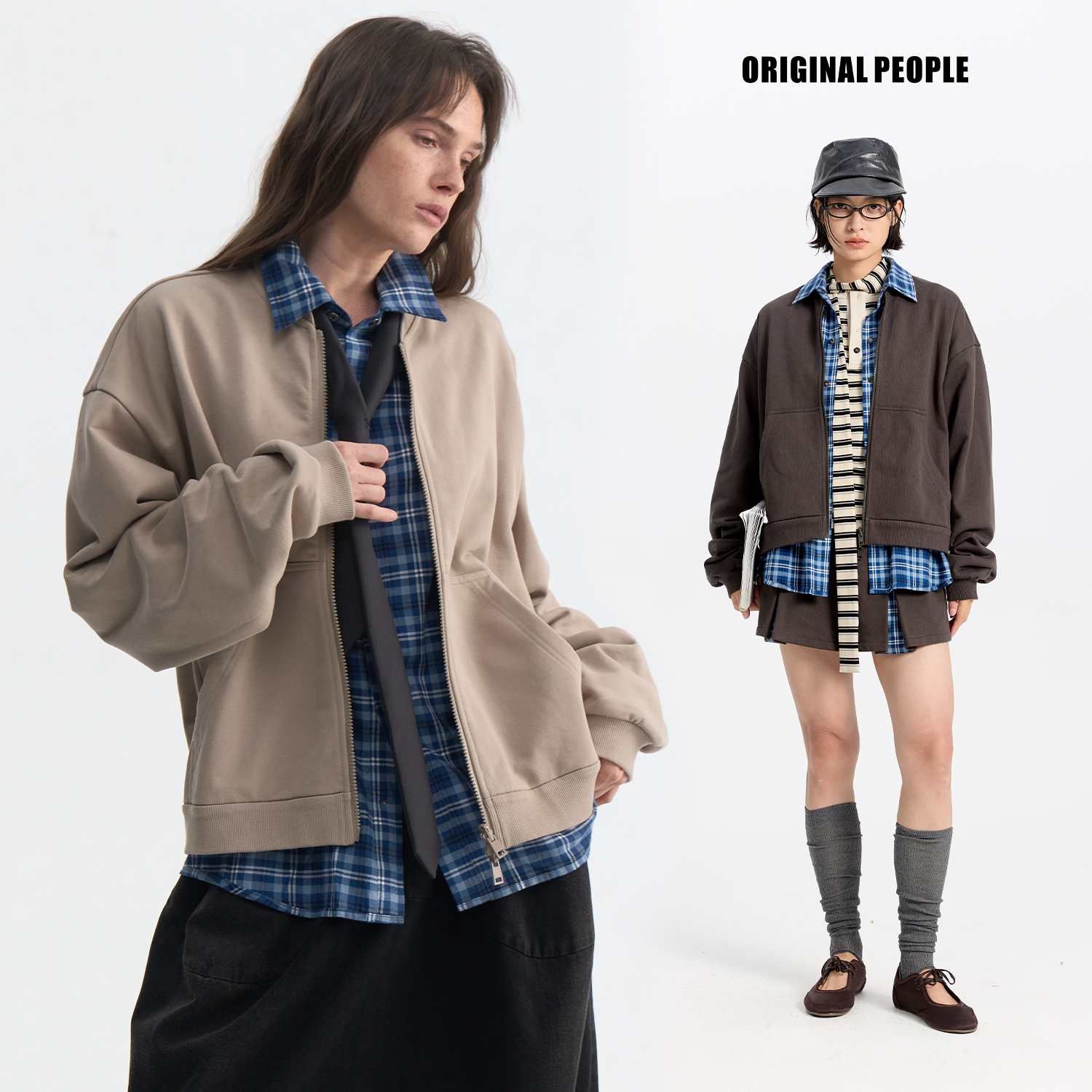 ORIGINAL PEOPLE学院风两面穿格纹翻领夹克短裙套装复古开衫女