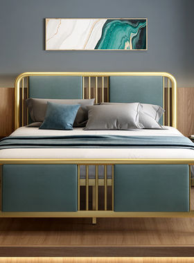 现代简约轻奢新中式铁艺床1.2米1.8米金色软靠铁床架金属双人铁床