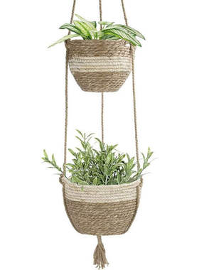 户外悬挂花盆，天然海草篮，室内植物花盆, 灰色米色花篮吊篮编织