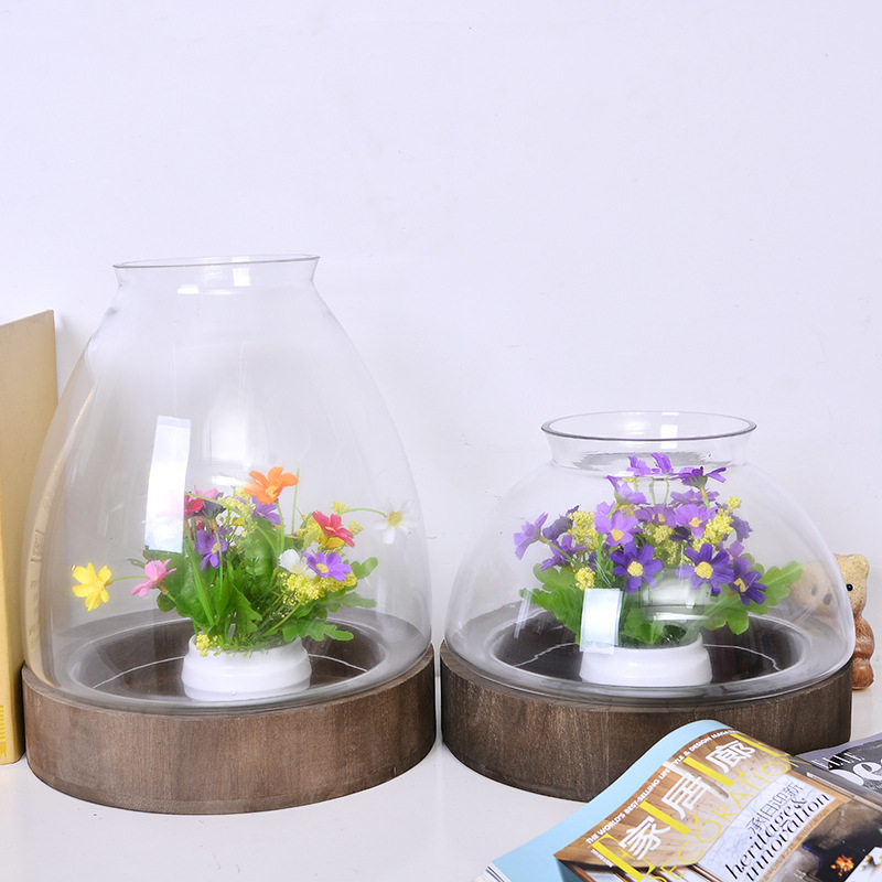 欧式新款透明玻璃花瓶工艺品微景观锥形木头底座花瓶居家装饰摆件,模玩/动漫/周边/娃圈三坑/桌游,文化/体育周边,淘宝优惠券,粉丝福利购,淘宝优惠卷