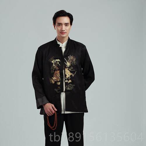 高档春秋款男装士长袖唐上衣刺绣双龙持乐队演出中式外服套婚礼主