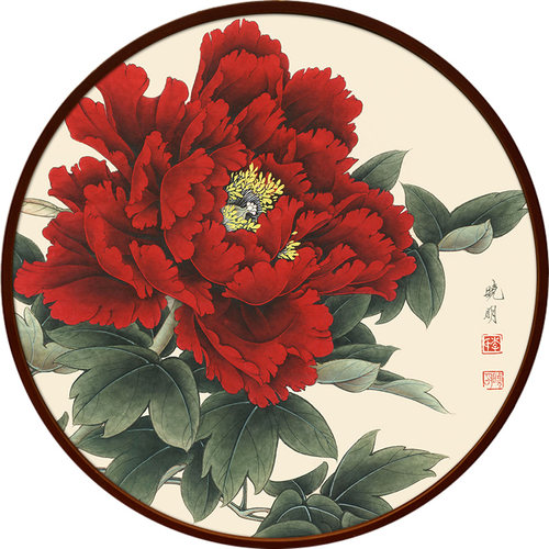 牡丹花挂画d圆形玄关装饰画客厅背景墙新中式墙画餐厅花开富贵壁