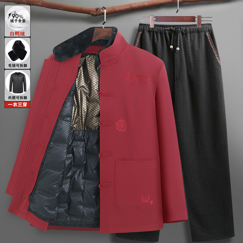 中国风唐装中老年男o加厚脱卸羽绒服爷爷装生日过寿星老人衣服冬