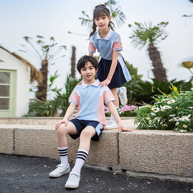 粉蓝色小学生校服l班服夏季短袖套装幼儿园园服六一演出服两件套