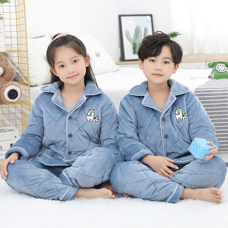 儿童睡衣男童冬季加厚款法兰绒三层夹棉加绒O男孩女童珊瑚绒家居